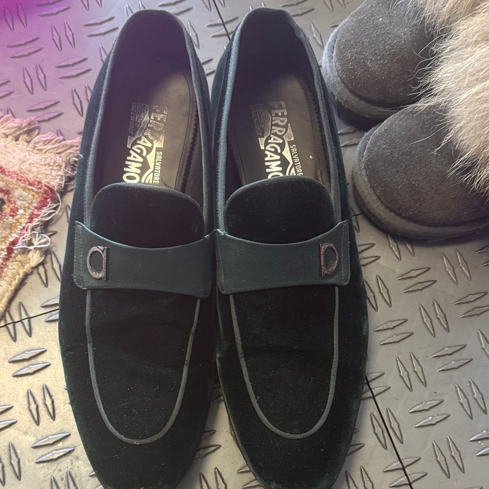 Salvatore Ferragamo Men’s Dark Green Velvet Loafers with Signature Bit